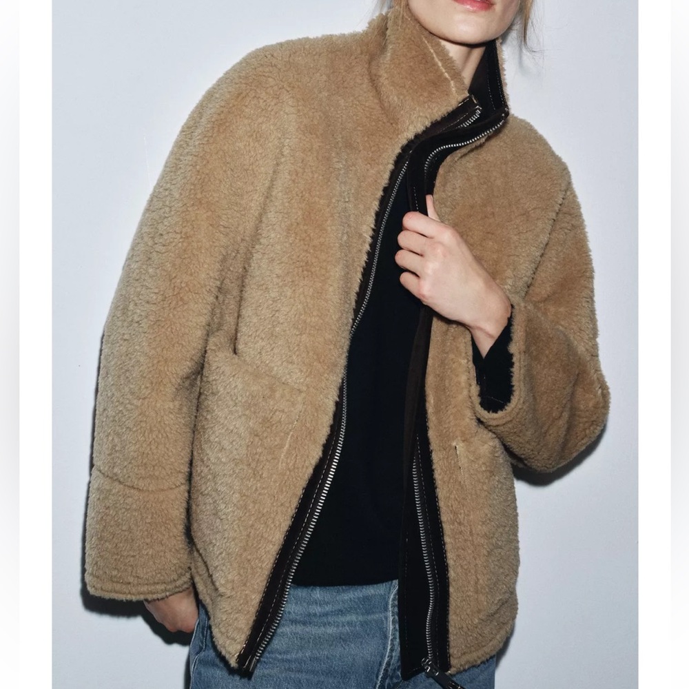 NWT Zara | ZW COLLECTION FAUX SHEARLING DOUBLE-FACED Tan Teddy Jacket for Women - Picture 6 of 17